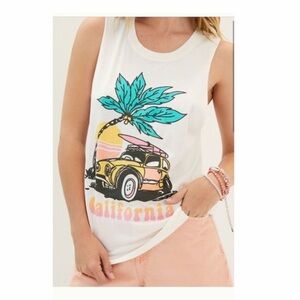 Anthropologie White Muscle Tee with Teal Palm, Yellow Car & Pink Script